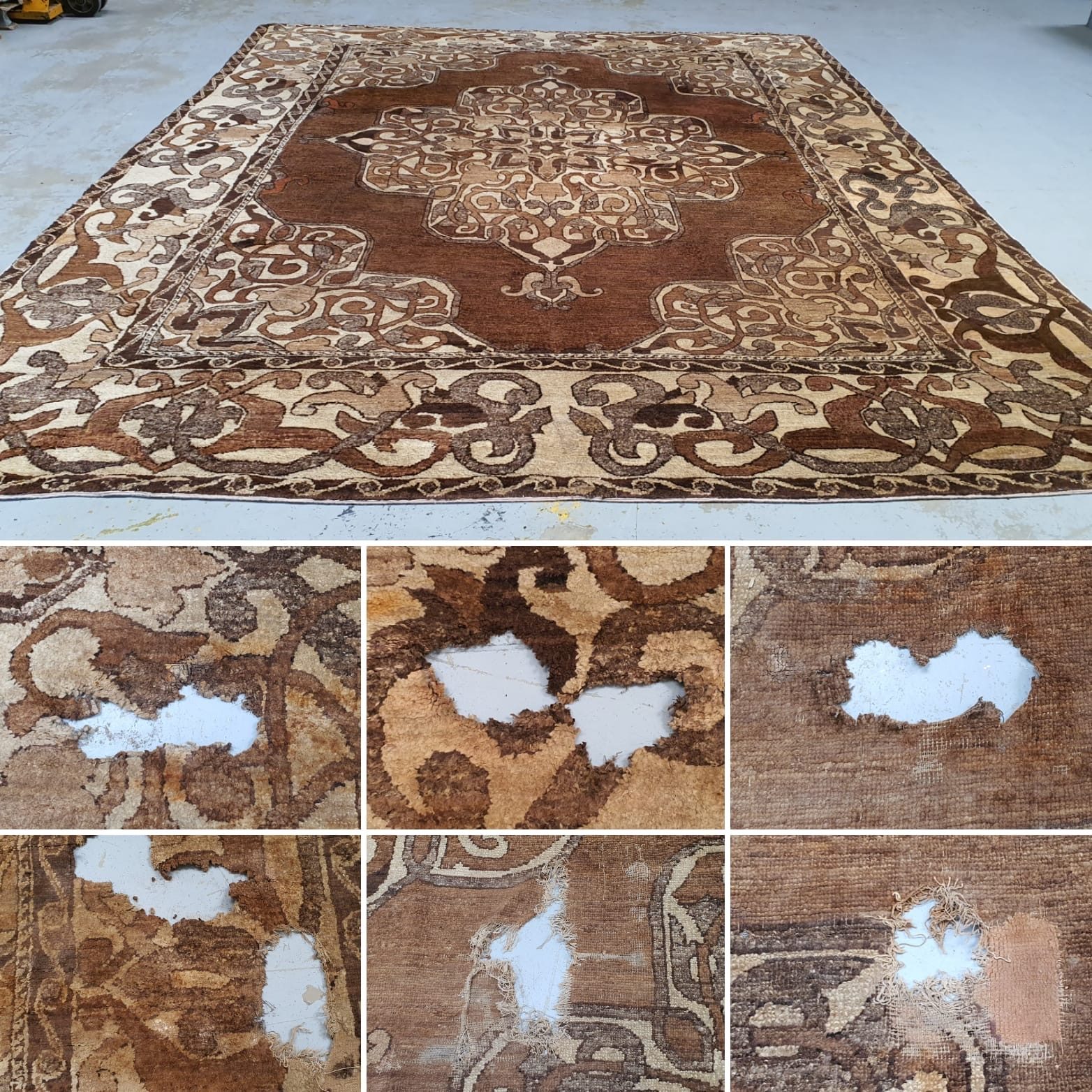 Zone brûlée sur un tapis noué main, fibres carbonisées avant stabilisation en atelier