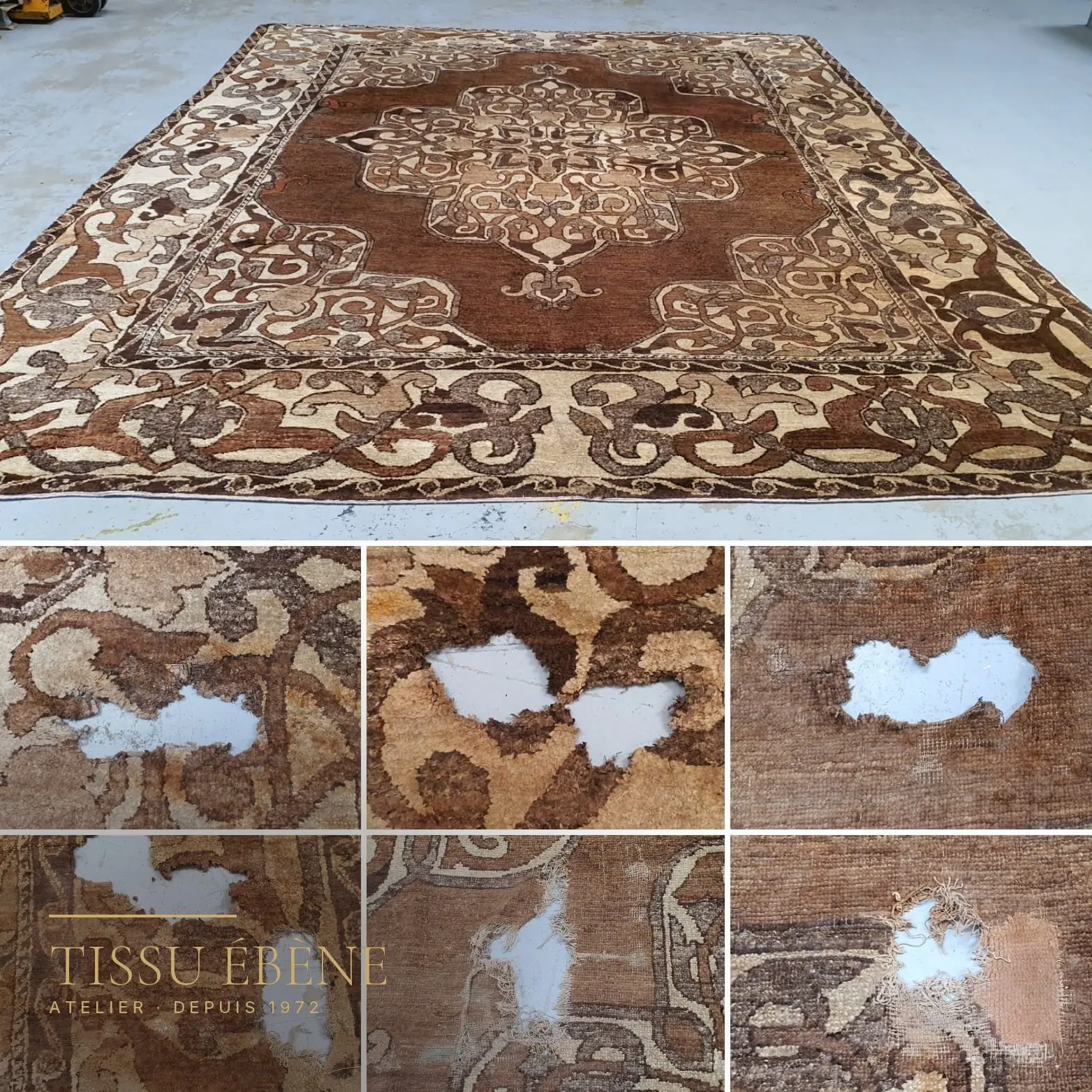 Zone brûlée sur un tapis noué main, fibres carbonisées avant stabilisation en atelier