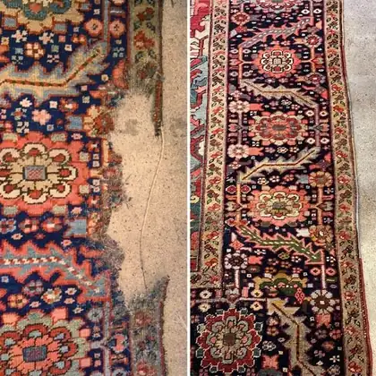 Avant et après : bordure de tapis rongée par les mites, puis retissée à la laine