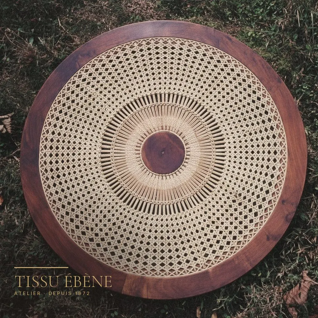 Plateau rond en cannage soleil tressé à la main par l’atelier Tissu Ébène