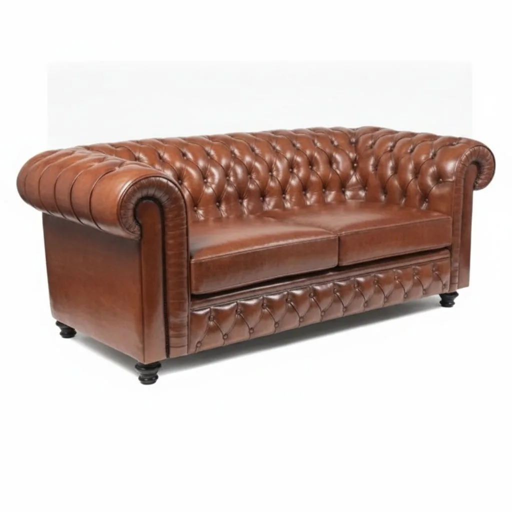 Canapé Chesterfield en cuir patiné cognac, capitonnage restauré par l'atelier Tissu Ébène