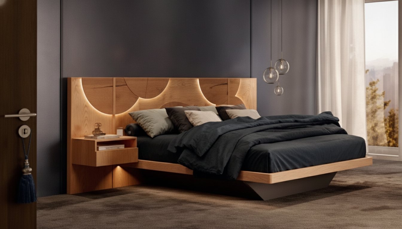 Lit en bois avec chevets intégrés réalisé par l'atelier