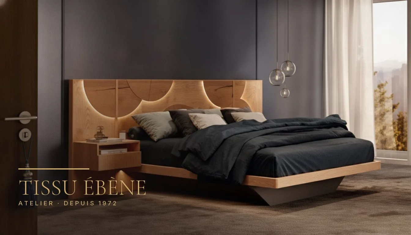 Lit en bois avec chevets intégrés réalisé par l'atelier
