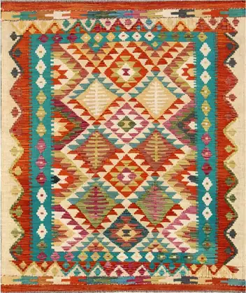 Kilim tissé à plat, losanges rouges, verts et turquoise sur laine écrue