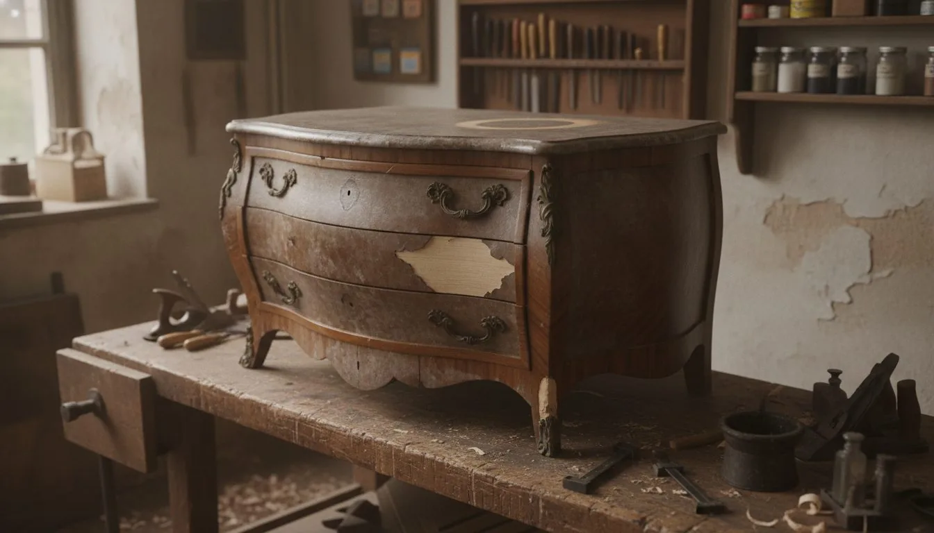 Dessus de commode marqué par l&rsquo;eau, vernis blanchi sur toute la façade