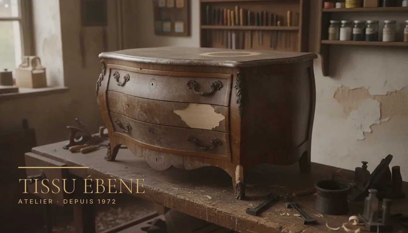 Commode ancienne avant restauration, placage soulevé et vernis terni