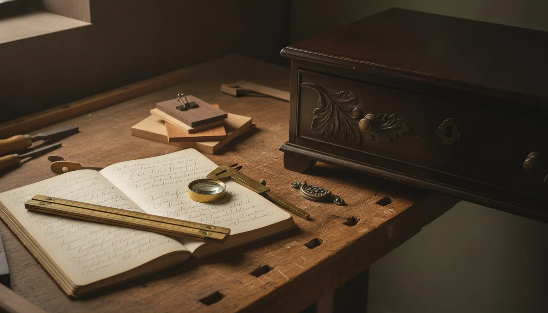 Carnet manuscrit, réglet et pied à coulisse en laiton, échantillons de bois et meuble sculpté sur un établi