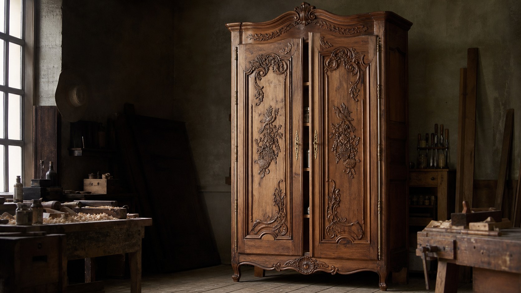 Armoire normande de mariage en merisier sculpté, portes à fiches de laiton