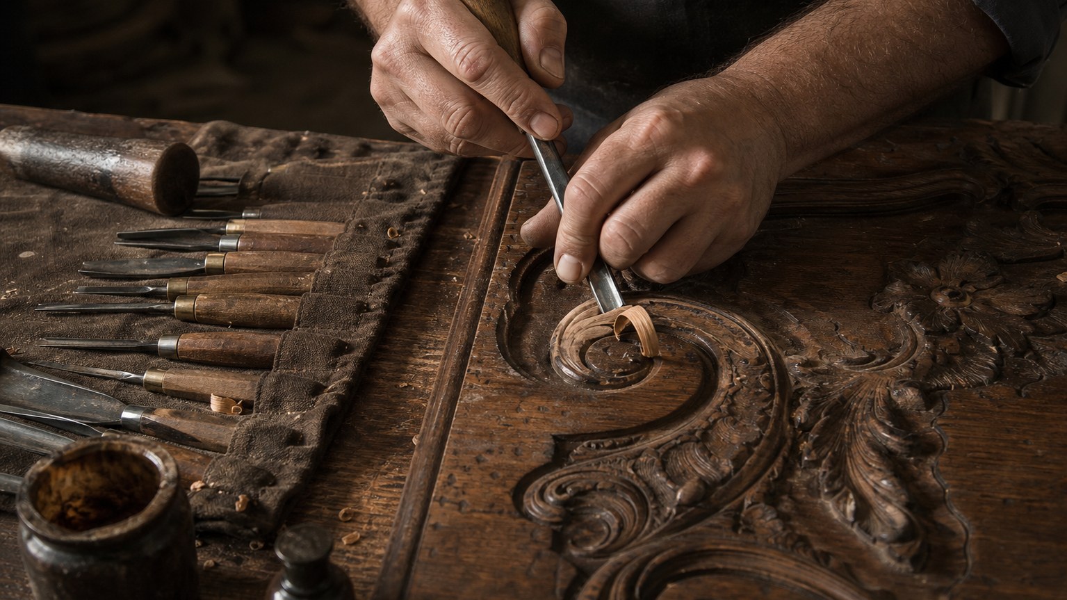 Reprise d'un motif sculpté d'armoire à la gouge, copeau de merisier frais