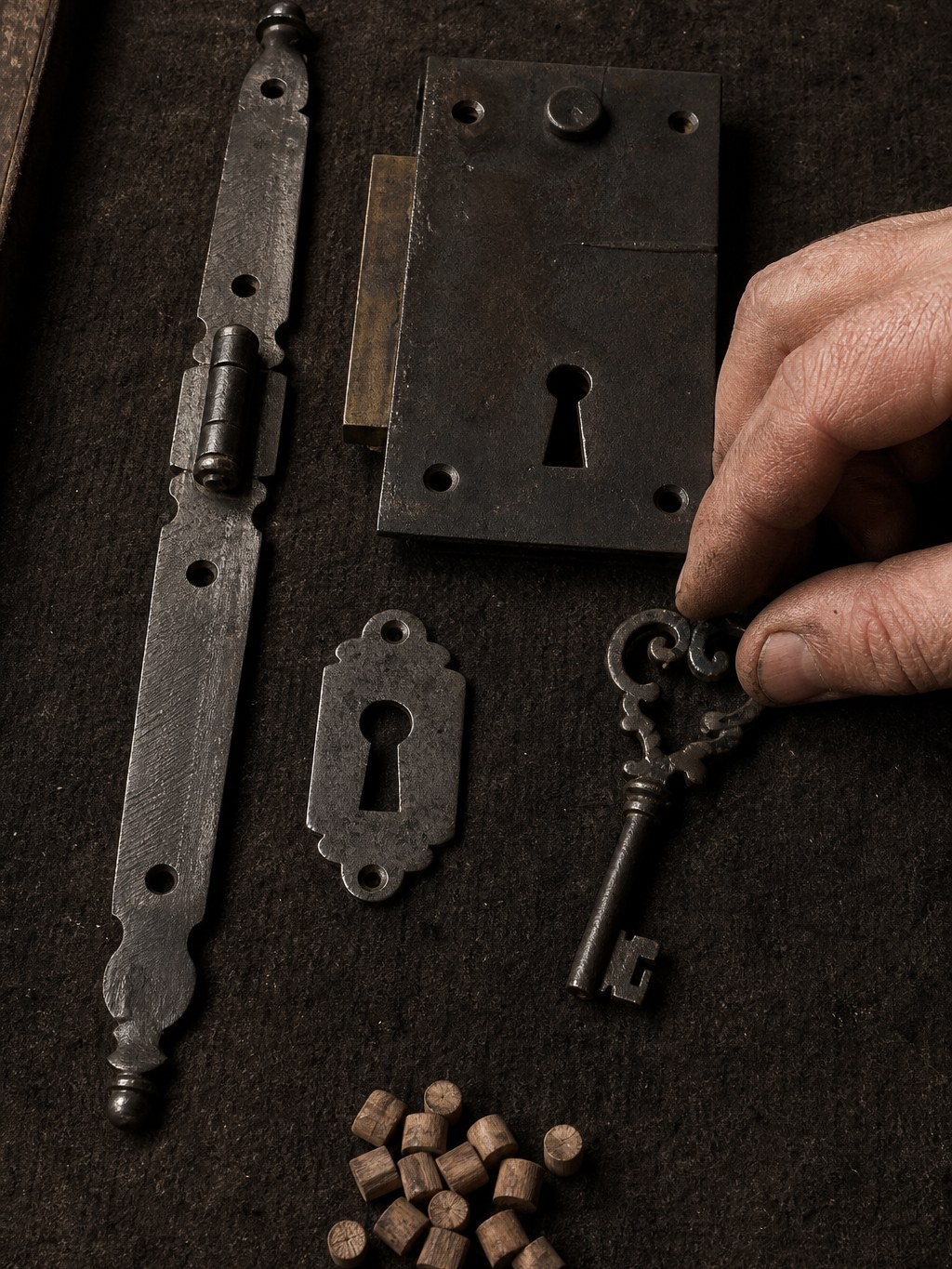 Fiches et serrure d'époque d'une armoire ancienne, déposées et regarnies