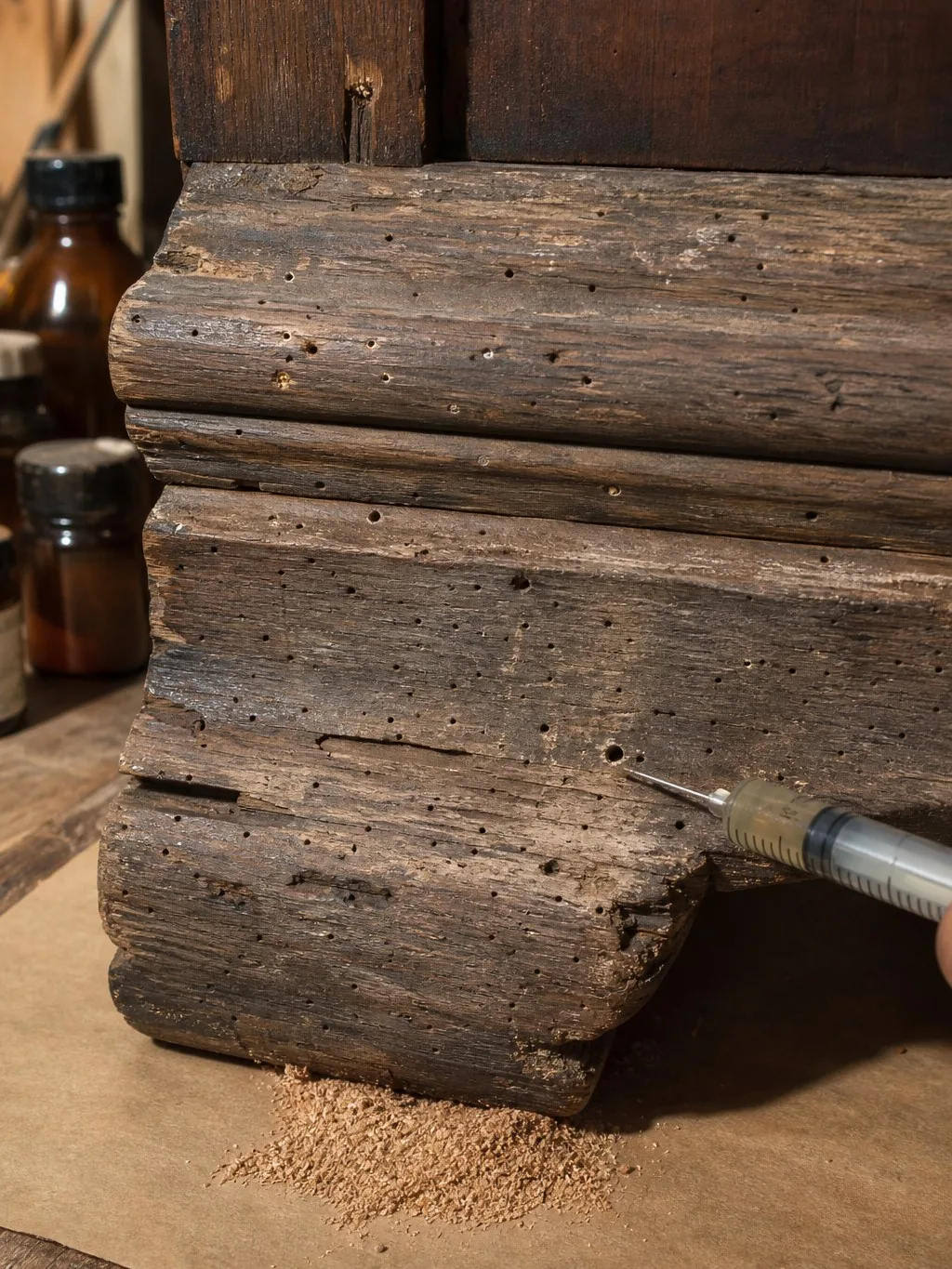 Traitement des vrillettes dans le pied d’une armoire ancienne, à l’atelier Tissu Ébène — traitement vrillette meuble ancien à Paris
