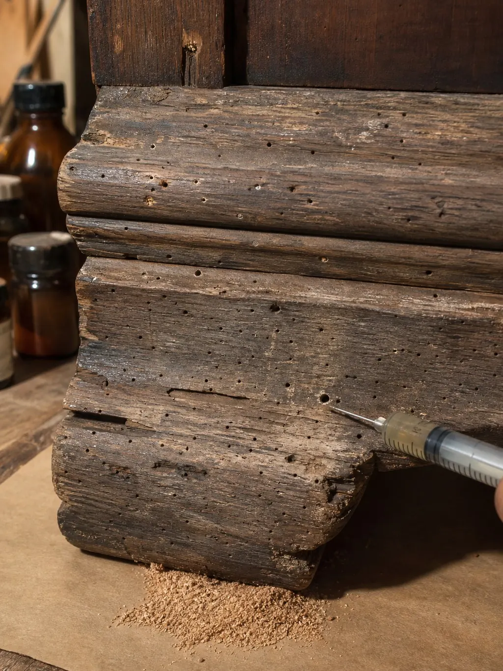 Traitement contre les vrillettes dans le pied d’une armoire ancienne