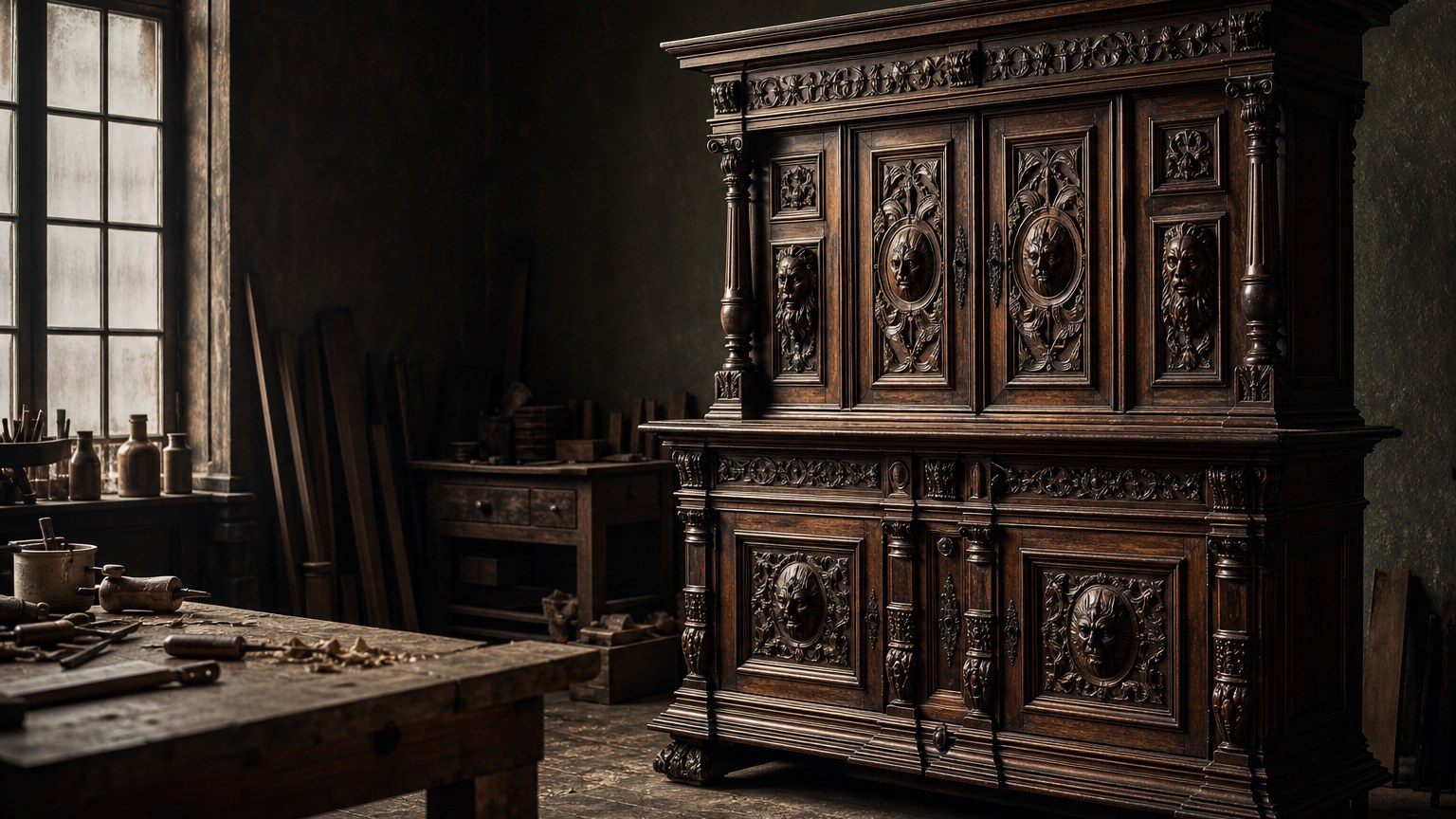 Buffet Henri II en noyer sculpté, masques et panneaux à rinceaux, patine profonde