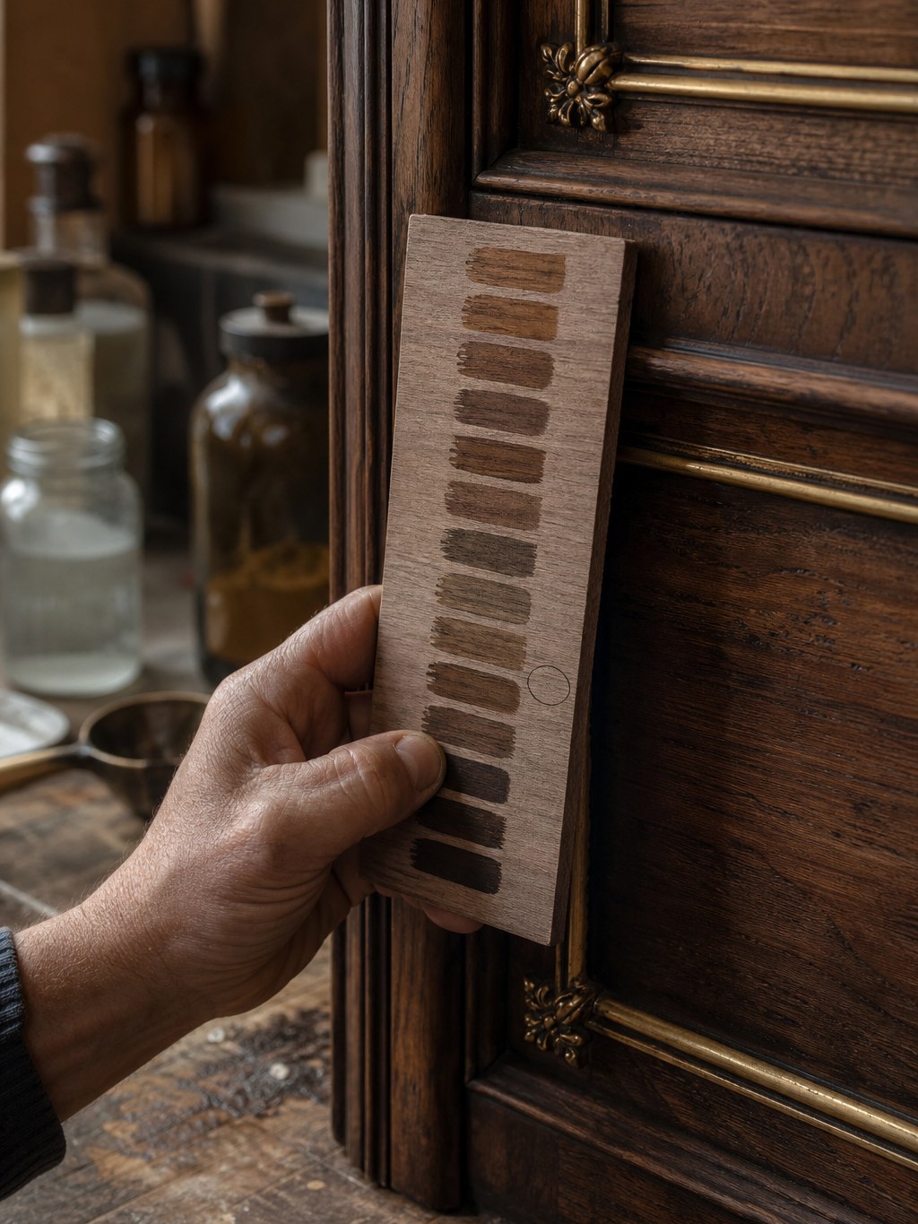 Essais de teinte sur chute de noyer, comparés à la porte d'un buffet ancien