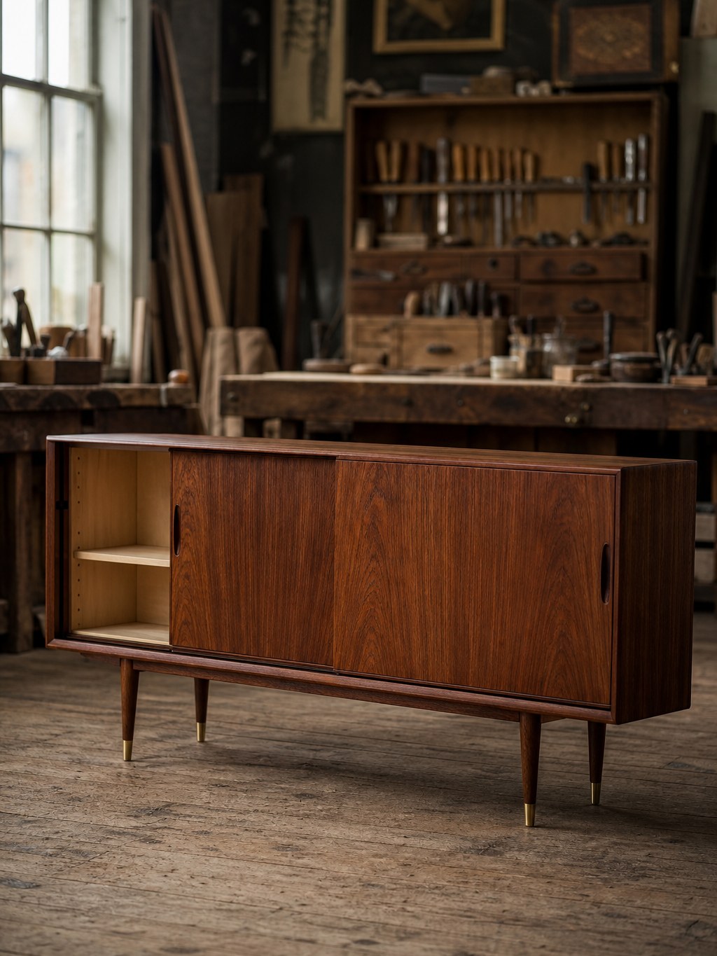 Enfilade scandinave en teck massif, finition huilée satinée, poignées sculptées