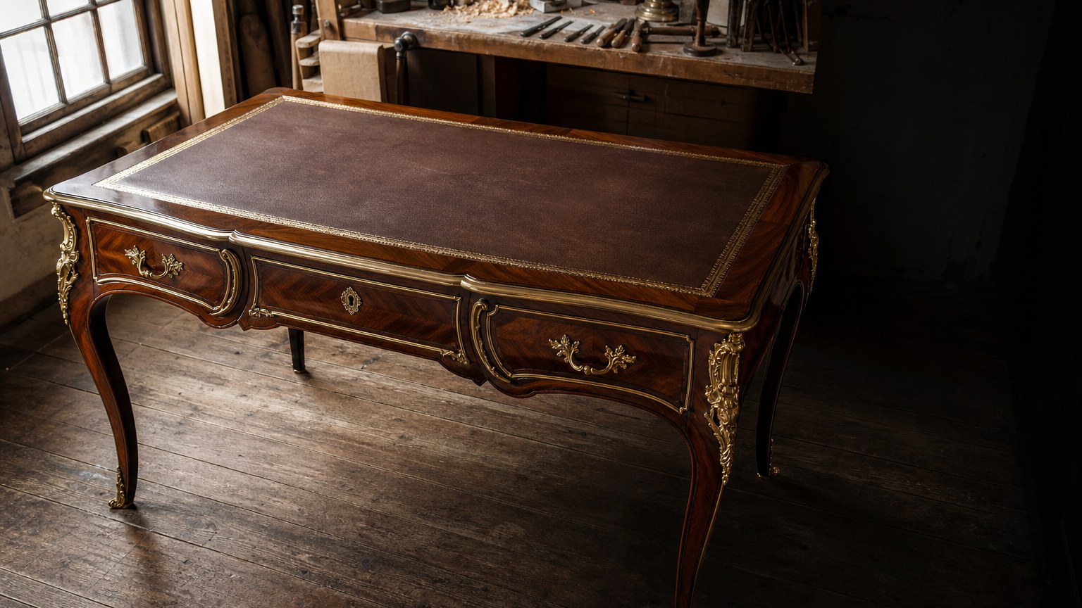 Bureau plat Louis XV au plateau regainé de cuir havane à filets or, bronzes dorés