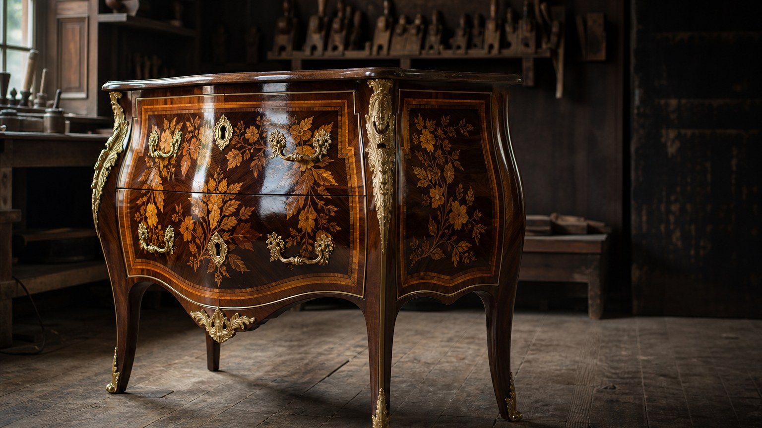 Commode Louis XV galbée en marqueterie, bronzes dorés, finie au vernis au tampon