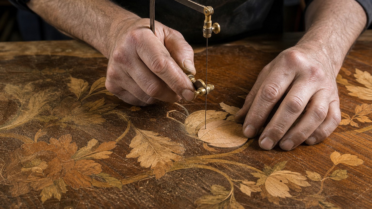 Reprise d'un motif de marqueterie florale à la scie-bijoutier sur un plateau de commode