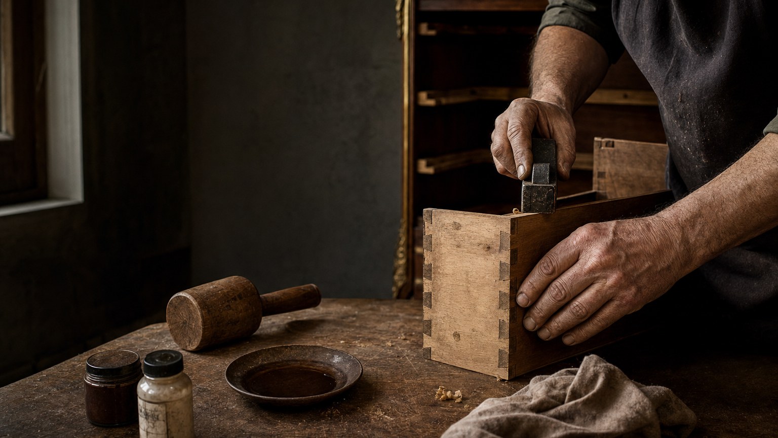 Ajustement au rabot d'un tiroir de commode ancienne à queues-d'aronde