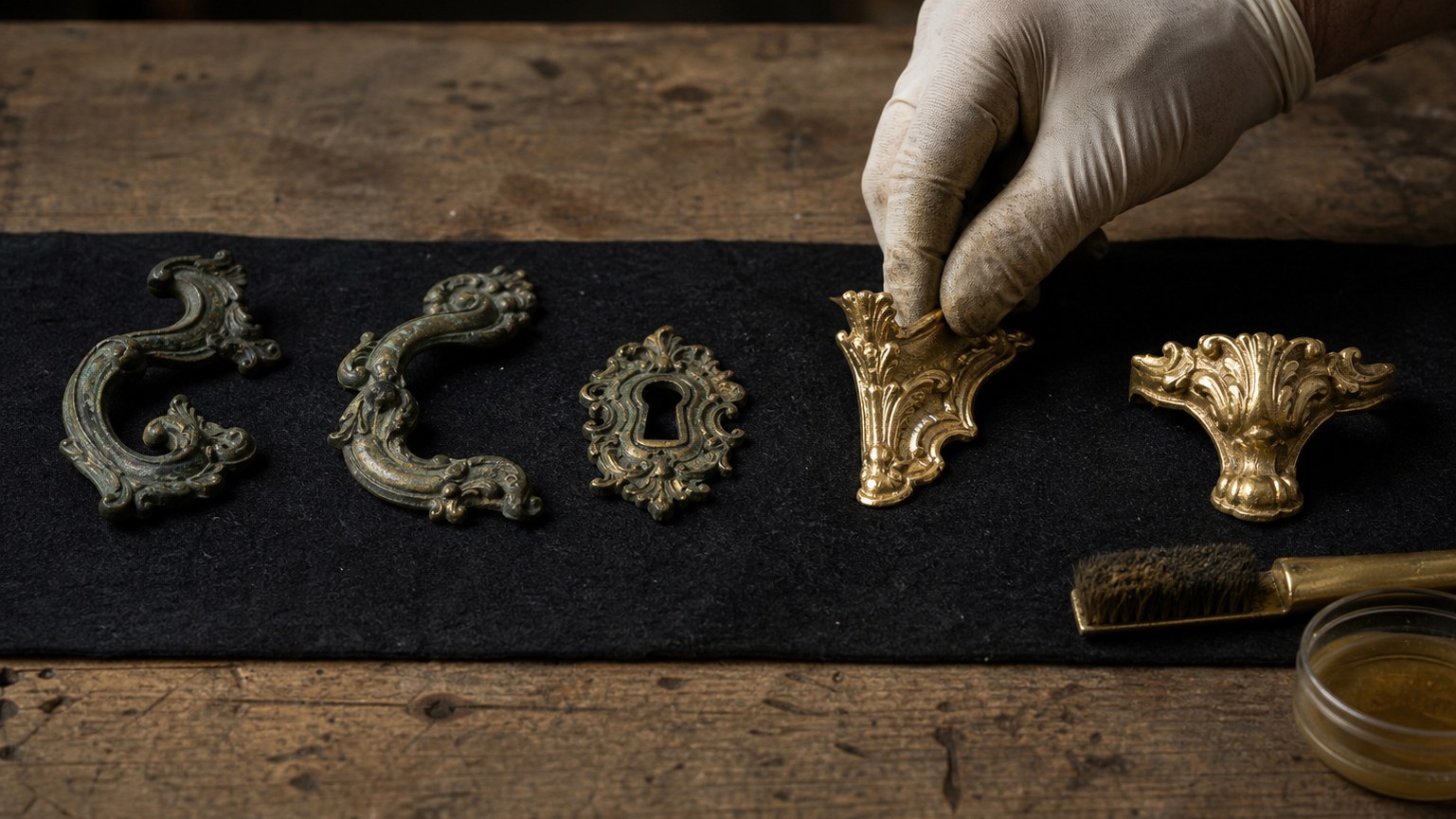 Bronzes de commode ancienne déposés et désoxydés, poignées, chute et entrée de serrure