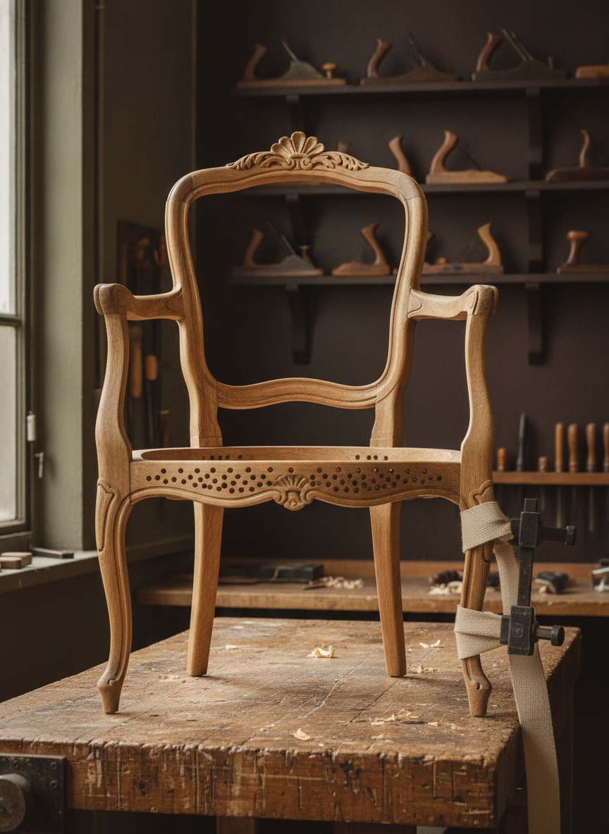 Carcasse de fauteuil cabriolet Louis XV dégarnie, assemblage recollé et sanglé
