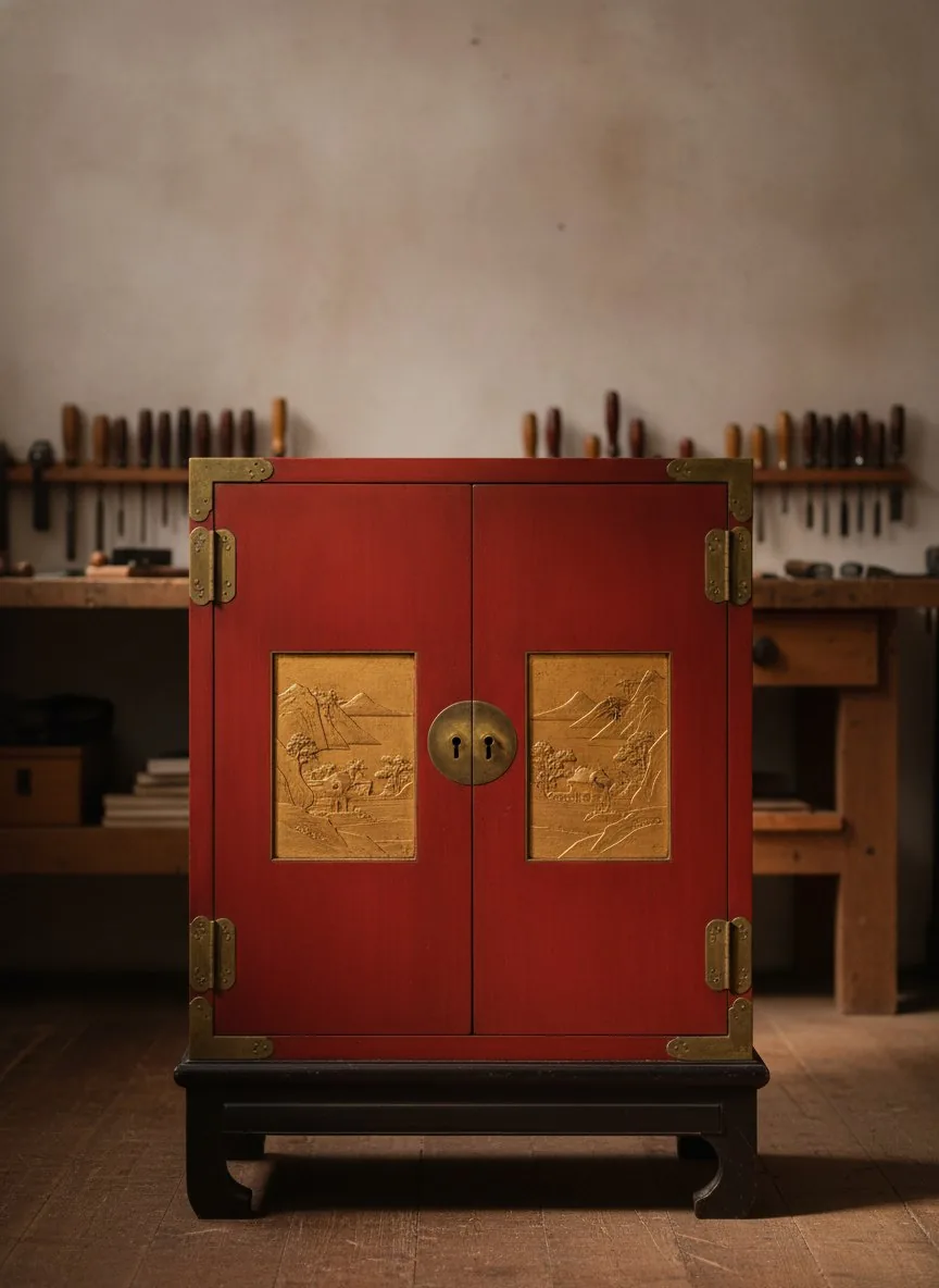 Cabinet chinois en laque cinabre restauré, panneaux sculptés et dorés