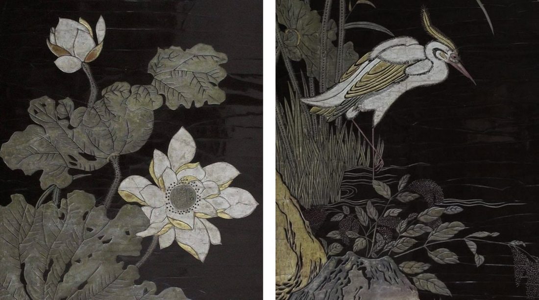 Décor de lotus et de héron gravé dans une laque sombre, rehauts d'or et d'argent
