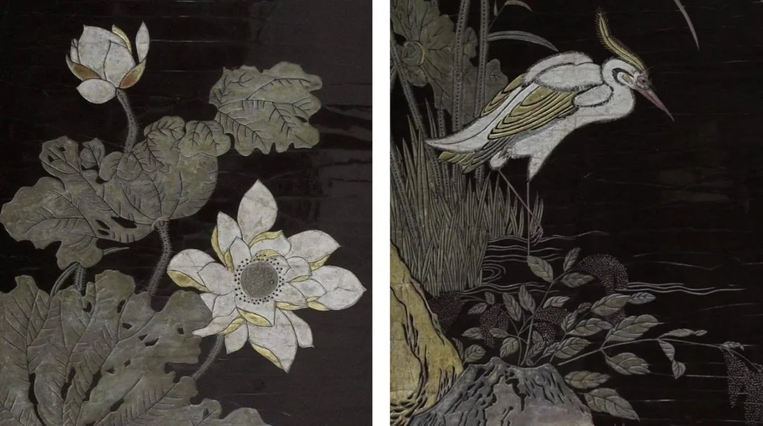 Décor de lotus et de héron gravé dans une laque sombre, rehauts d'or et d'argent
