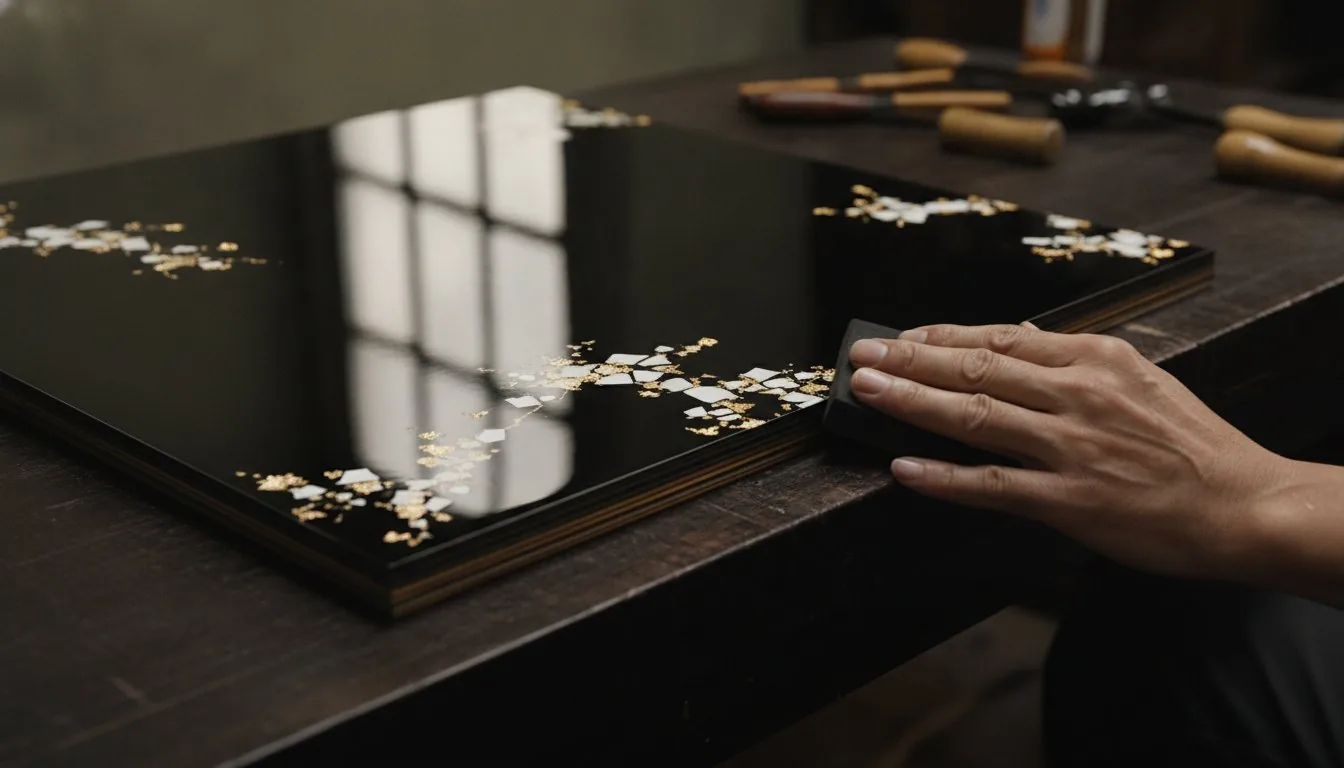Panneau de laque vietnamienne son mài, incrustation de coquille d&rsquo;œuf et feuille d&rsquo;or