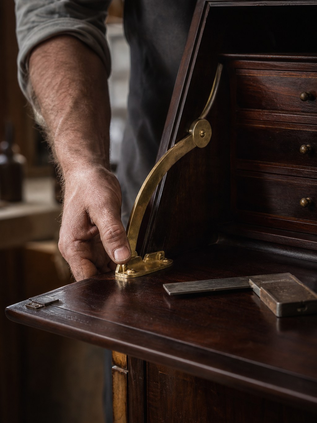 Réglage du compas laiton d'un abattant de secrétaire ancien