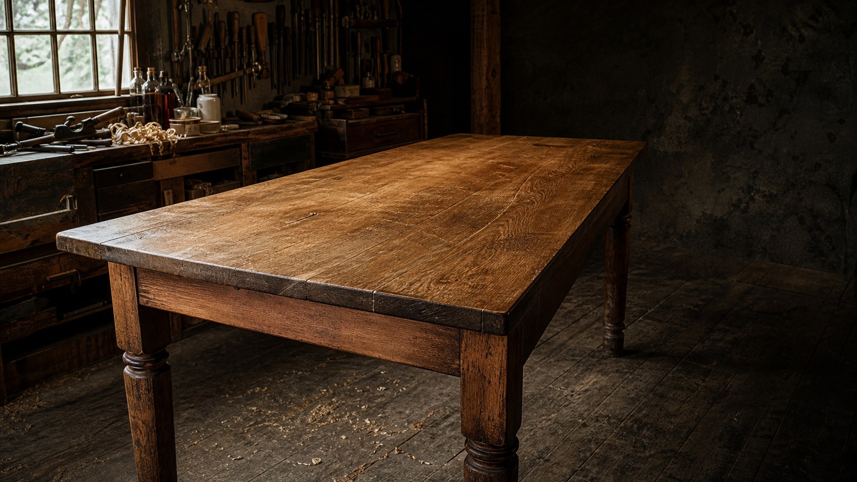 Table de ferme ancienne en chêne massif, plateau repris et fini à l'atelier