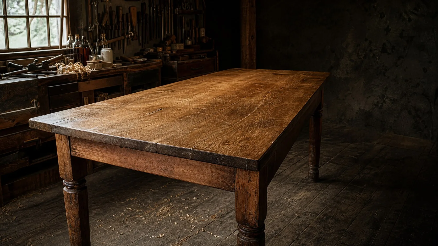 Table de ferme ancienne en chêne massif, plateau repris et fini à l’atelier