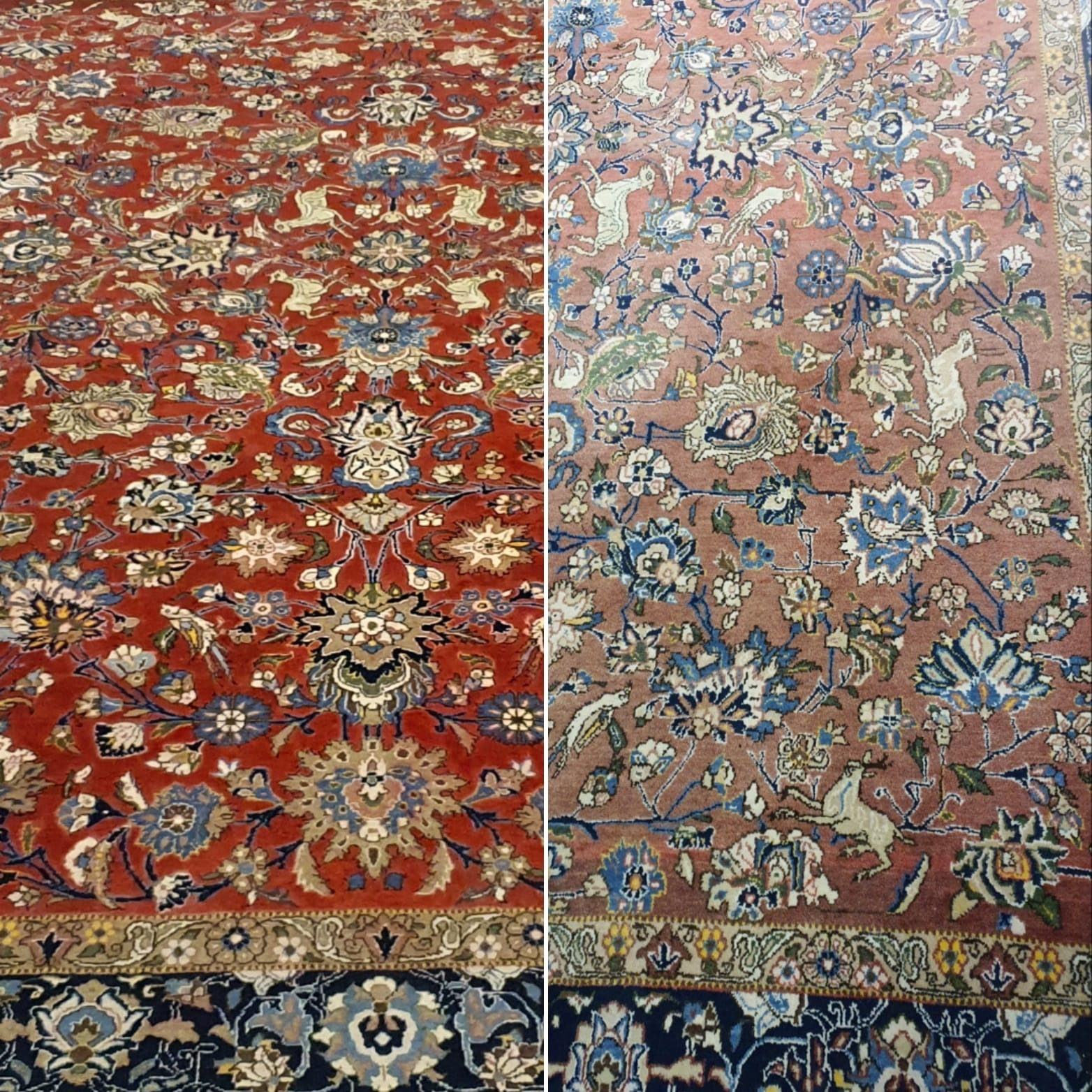 Restauration des couleurs d&rsquo;un tapis : le même tapis, teintes ravivées d&rsquo;un côté, champ délavé de l&rsquo;autre