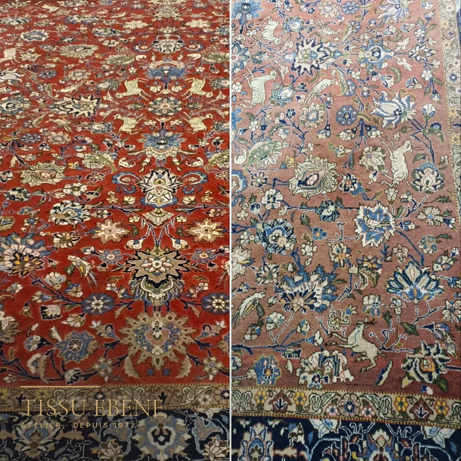 Restauration des couleurs d&rsquo;un tapis : le même tapis, teintes ravivées d&rsquo;un côté, champ délavé de l&rsquo;autre