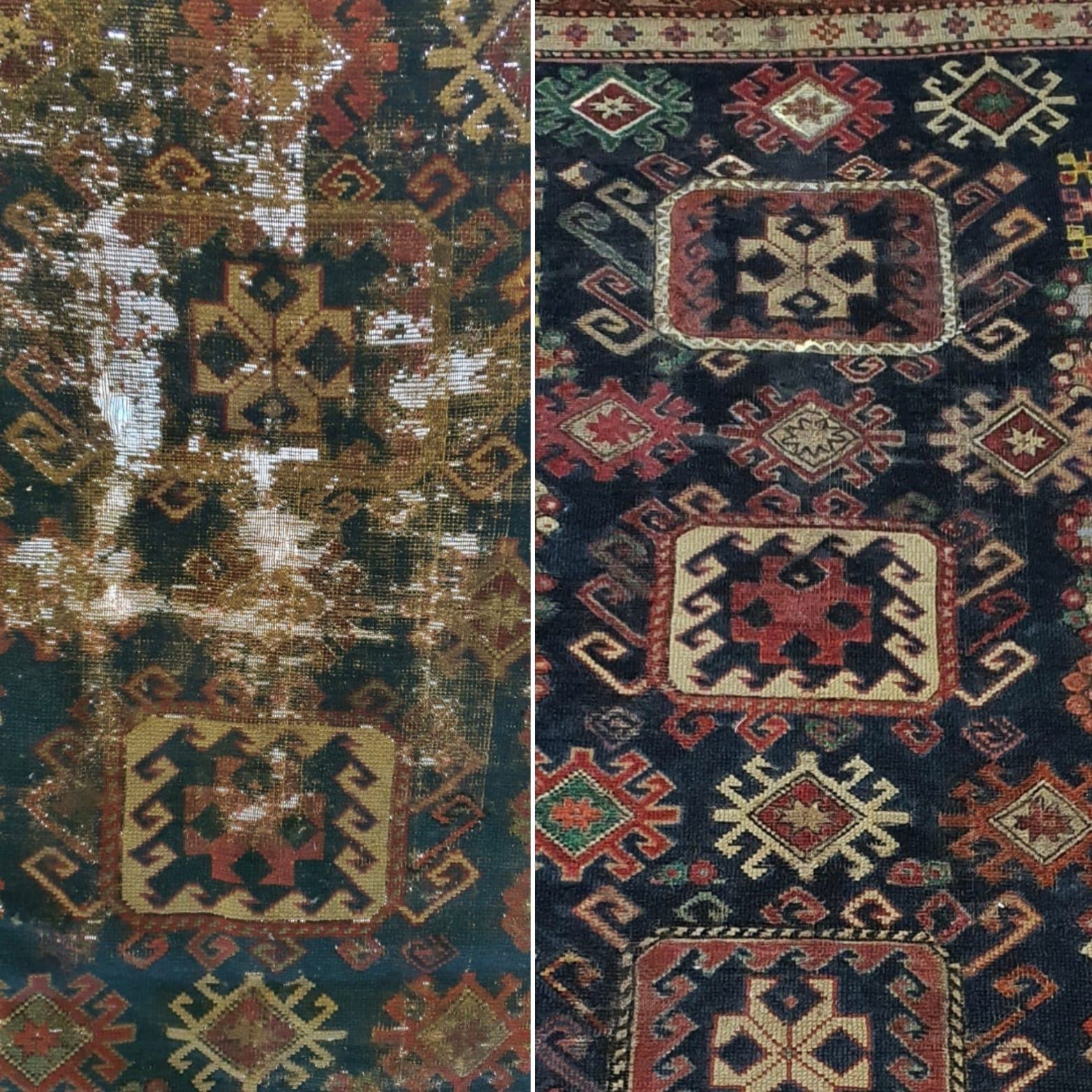 Restauration de kilim&nbsp;: le même tissage, zones usées d&rsquo;un côté, trame reprise et couleurs retrouvées de l&rsquo;autre
