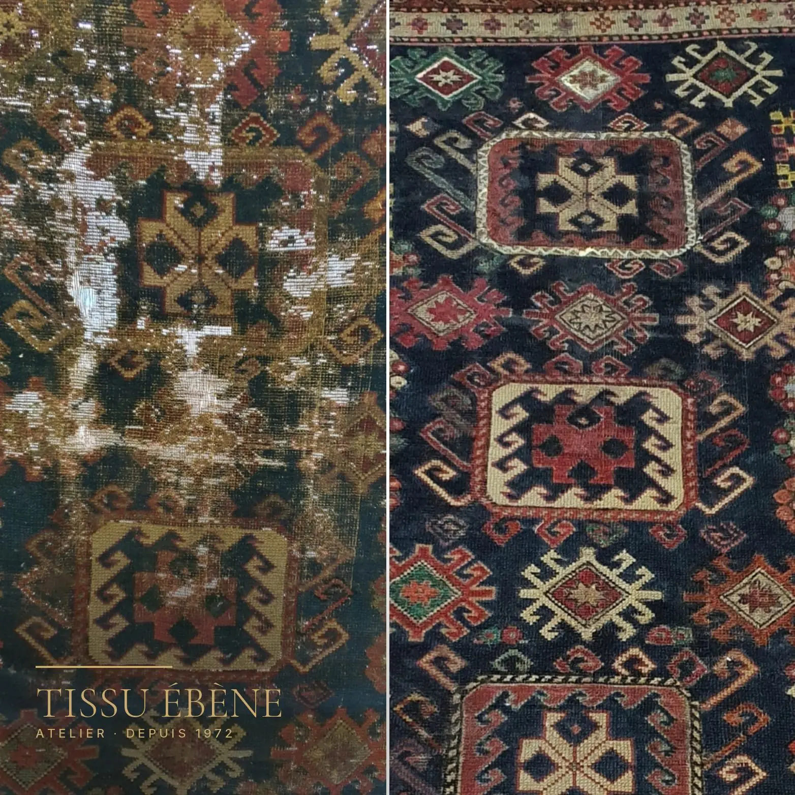 Restauration de kilim : le même tissage, zones usées d’un côté, trame reprise et couleurs retrouvées de l’autre