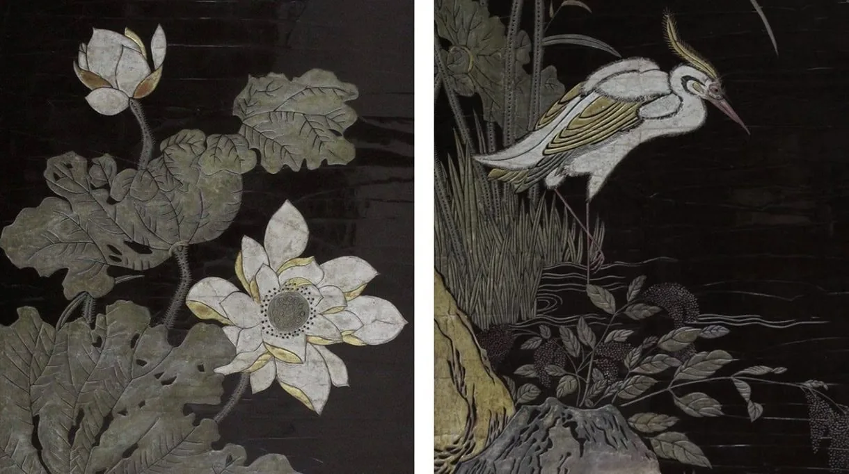 Incrustations de nacre sur laque noire, décor de lotus et héron