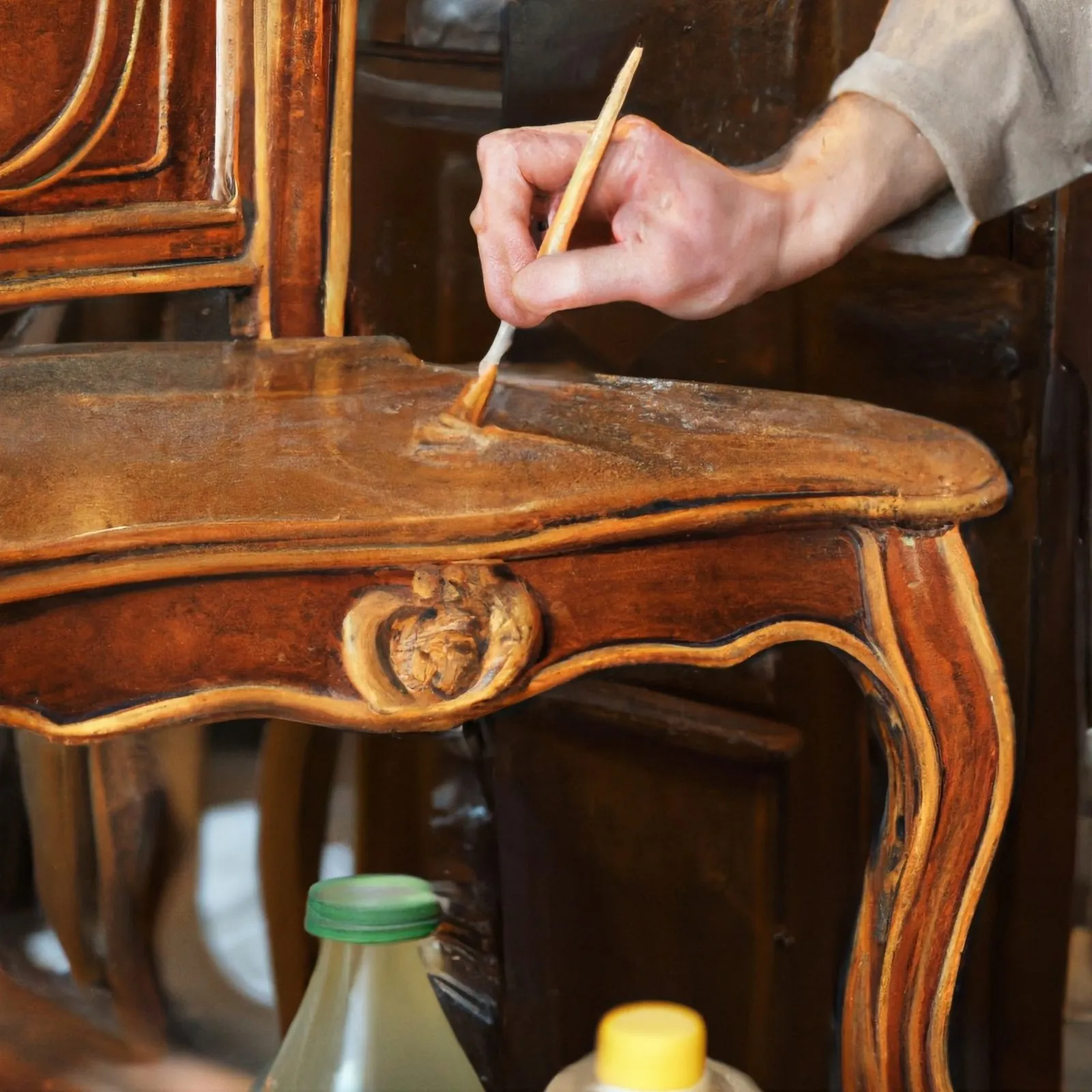 Raccord de teinte sur une table Louis XV marquetée